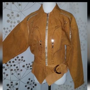 VTG 80s Rhinestone Stud Belted Cognac Brown Dolman Crinkle Fitted Jacket S M L
